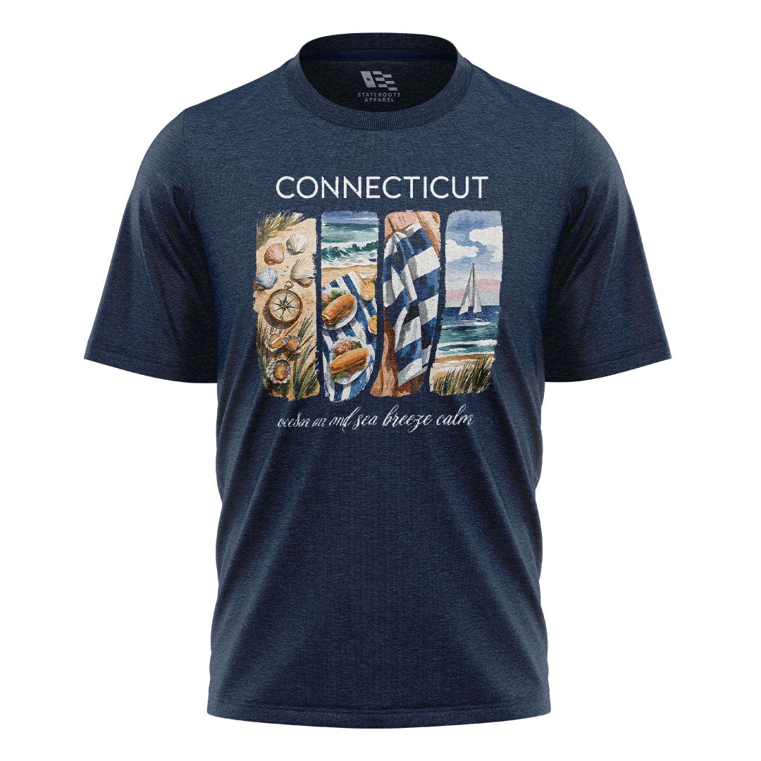Connecticut Coastal Watercolor T-Shirt | Beach Scene Tee - Navy