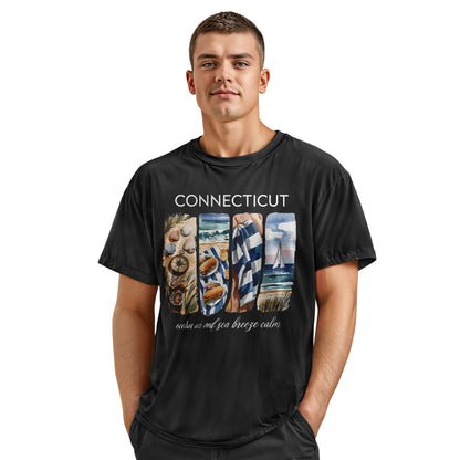 Connecticut Coastal Watercolor T-Shirt | Beach Scene Tee - Navy