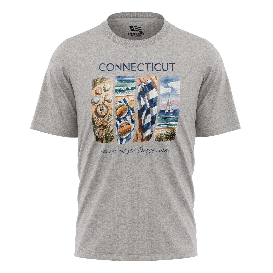 Connecticut Coastal Watercolor T-Shirt | Beach Scene Tee - Sport Grey