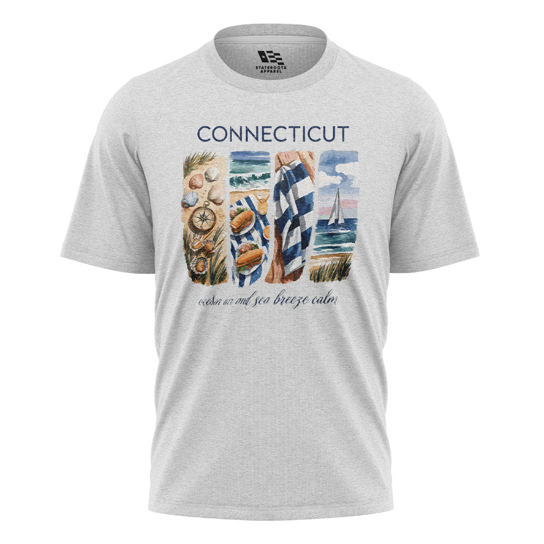 Connecticut Coastal Watercolor T-Shirt | Beach Scene Tee - White