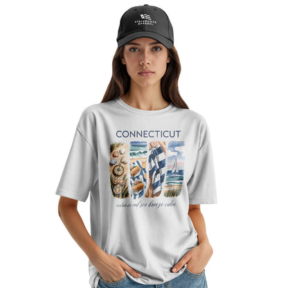 Connecticut Coastal Watercolor T-Shirt | Beach Scene Tee - White