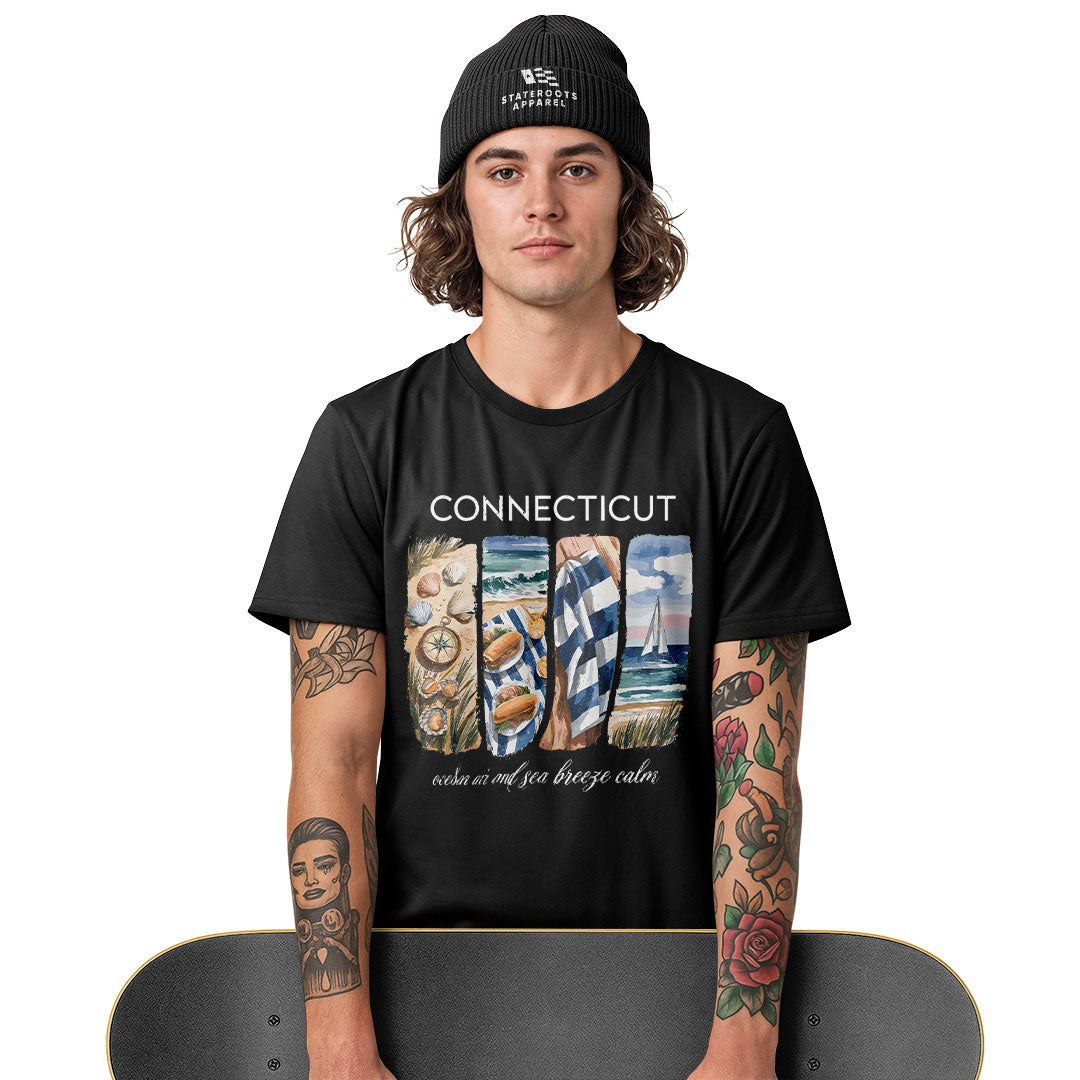 Connecticut Coastal Watercolor T-Shirt | Beach Scene Tee - White