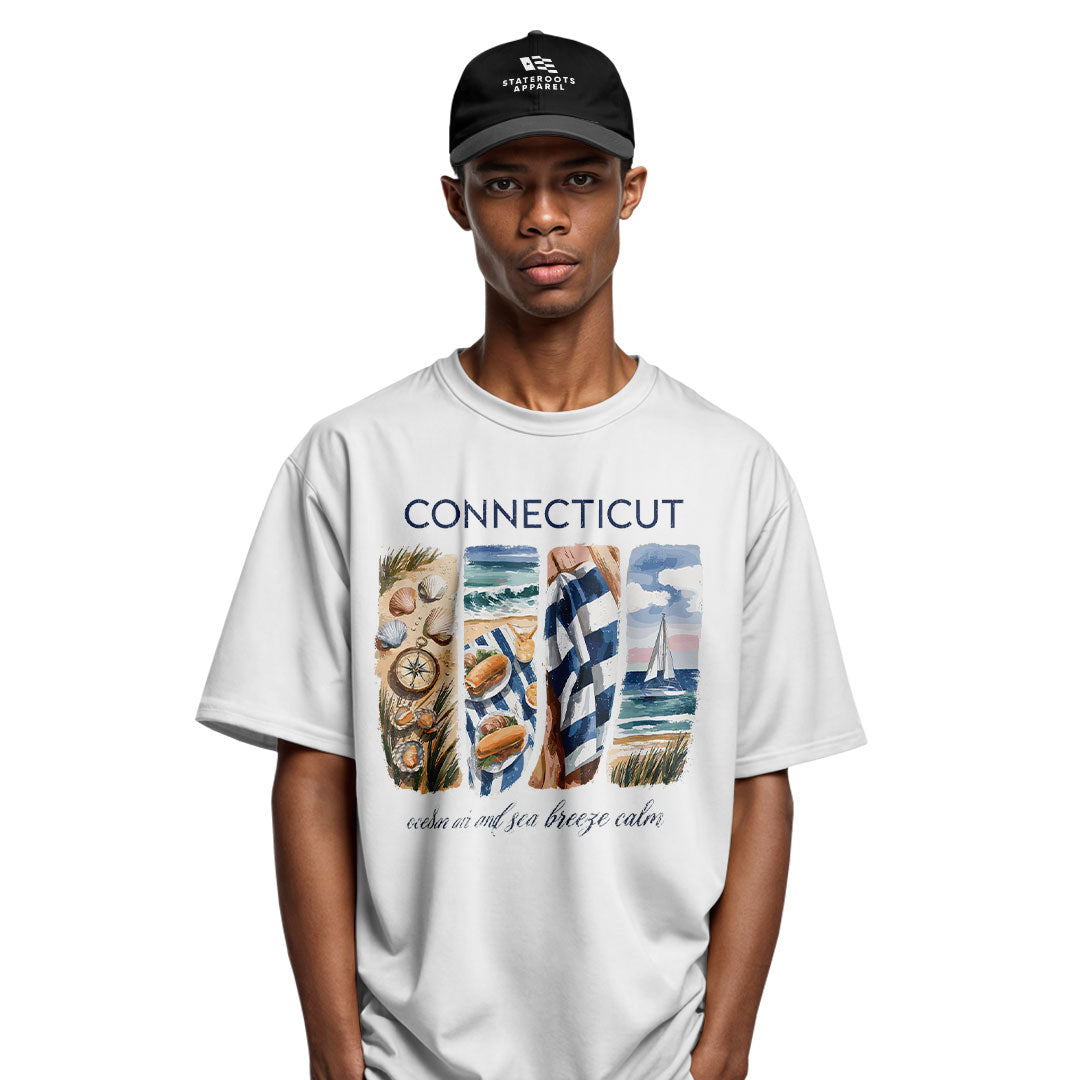 Connecticut Coastal Watercolor T-Shirt | Beach Scene Tee - White