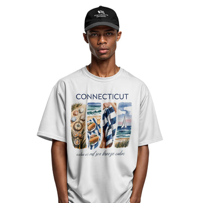 Connecticut Coastal Watercolor T-Shirt | Beach Scene Tee - White