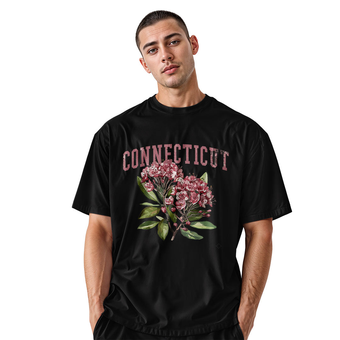 Connecticut Mountain Laurel T-Shirt | Varsity Floral Tee - Black