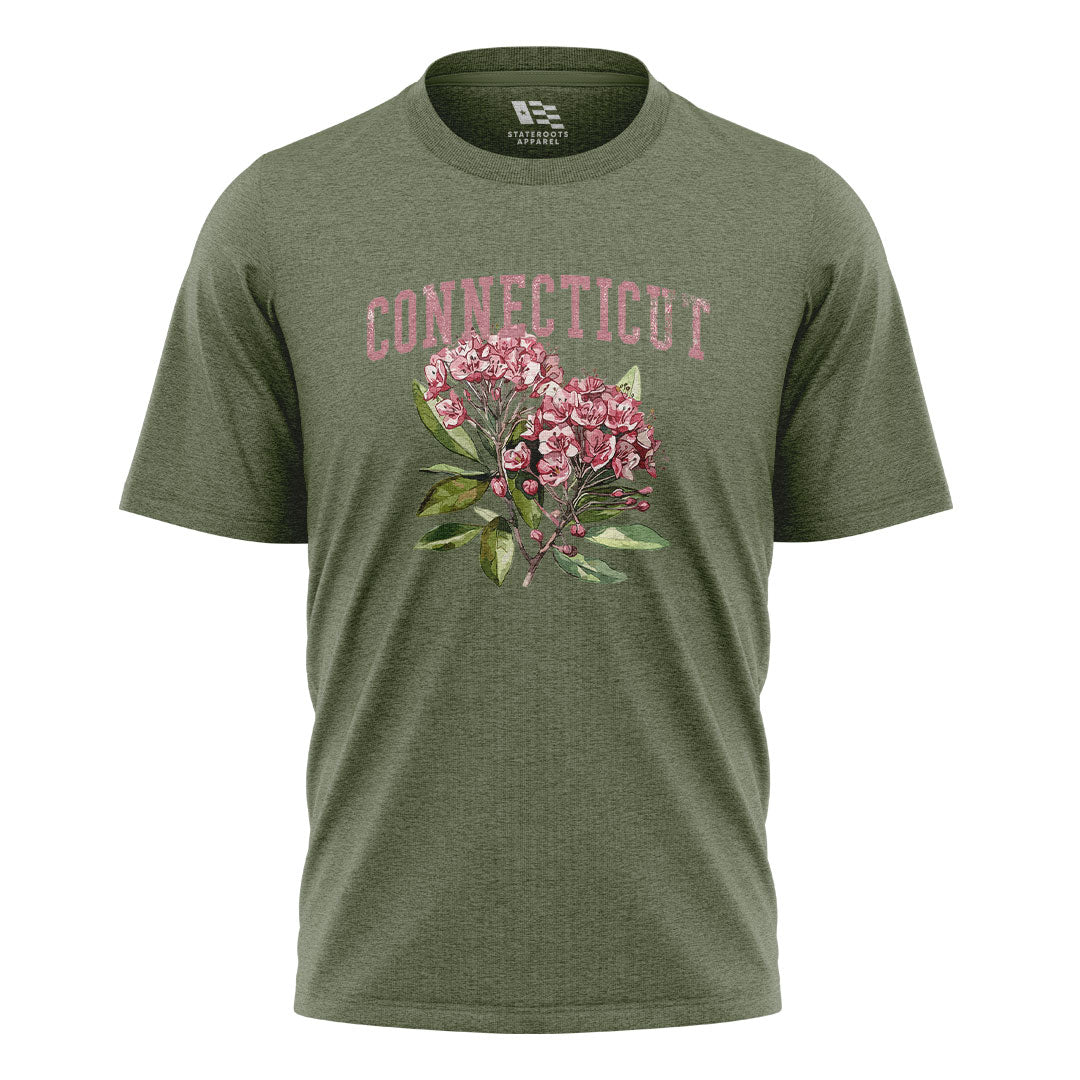 Connecticut Mountain Laurel T-Shirt | Varsity Floral Tee - Military Green