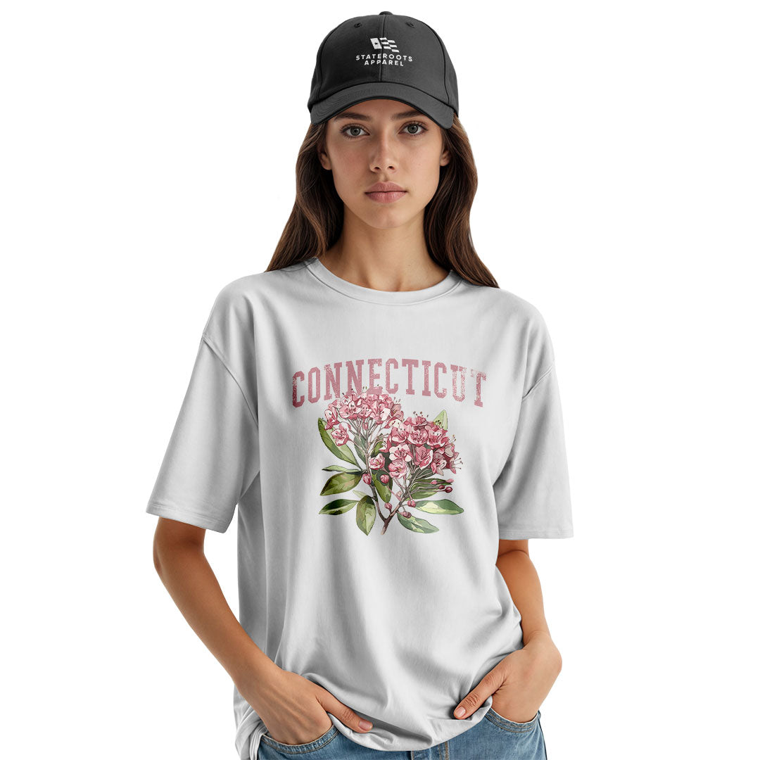 Connecticut Mountain Laurel T-Shirt | Varsity Floral Tee - White