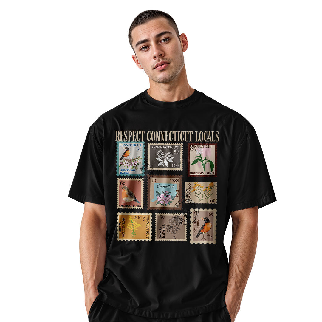 Connecticut Locals T-Shirt | Vintage Stamps Collage Tee - Black