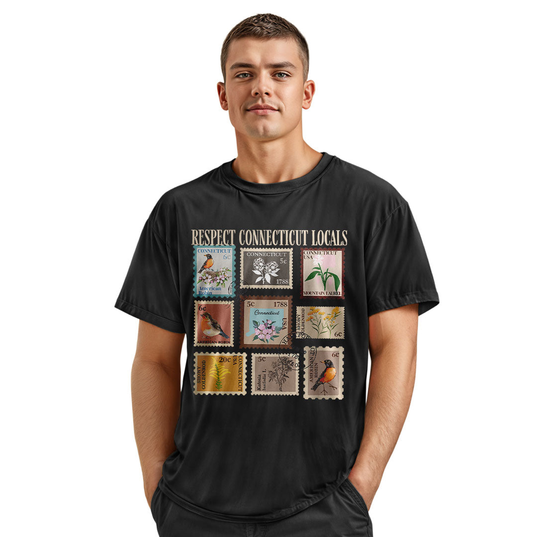 Connecticut Locals T-Shirt | Vintage Stamps Collage Tee - Navy