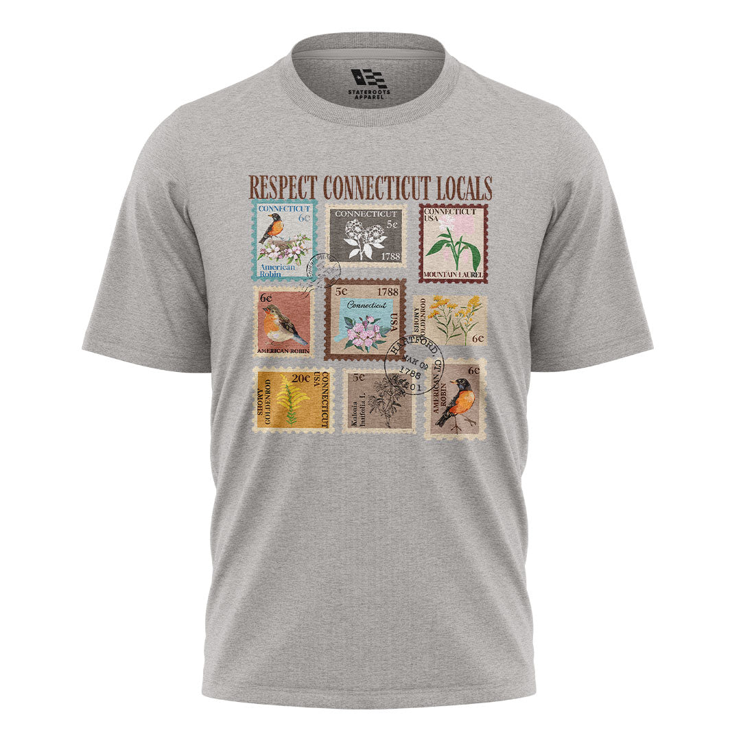 Connecticut Locals T-Shirt | Vintage Stamps Collage Tee - Sport Grey