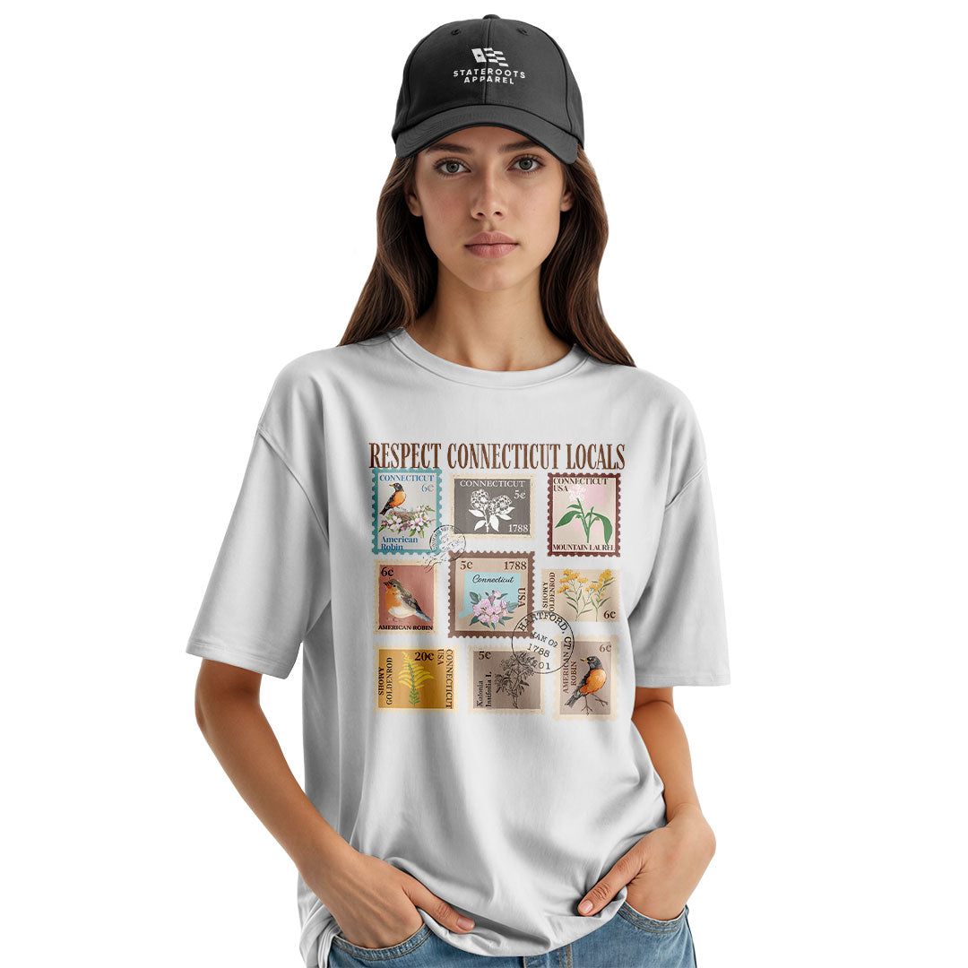 Connecticut Locals T-Shirt | Vintage Stamps Collage Tee - White