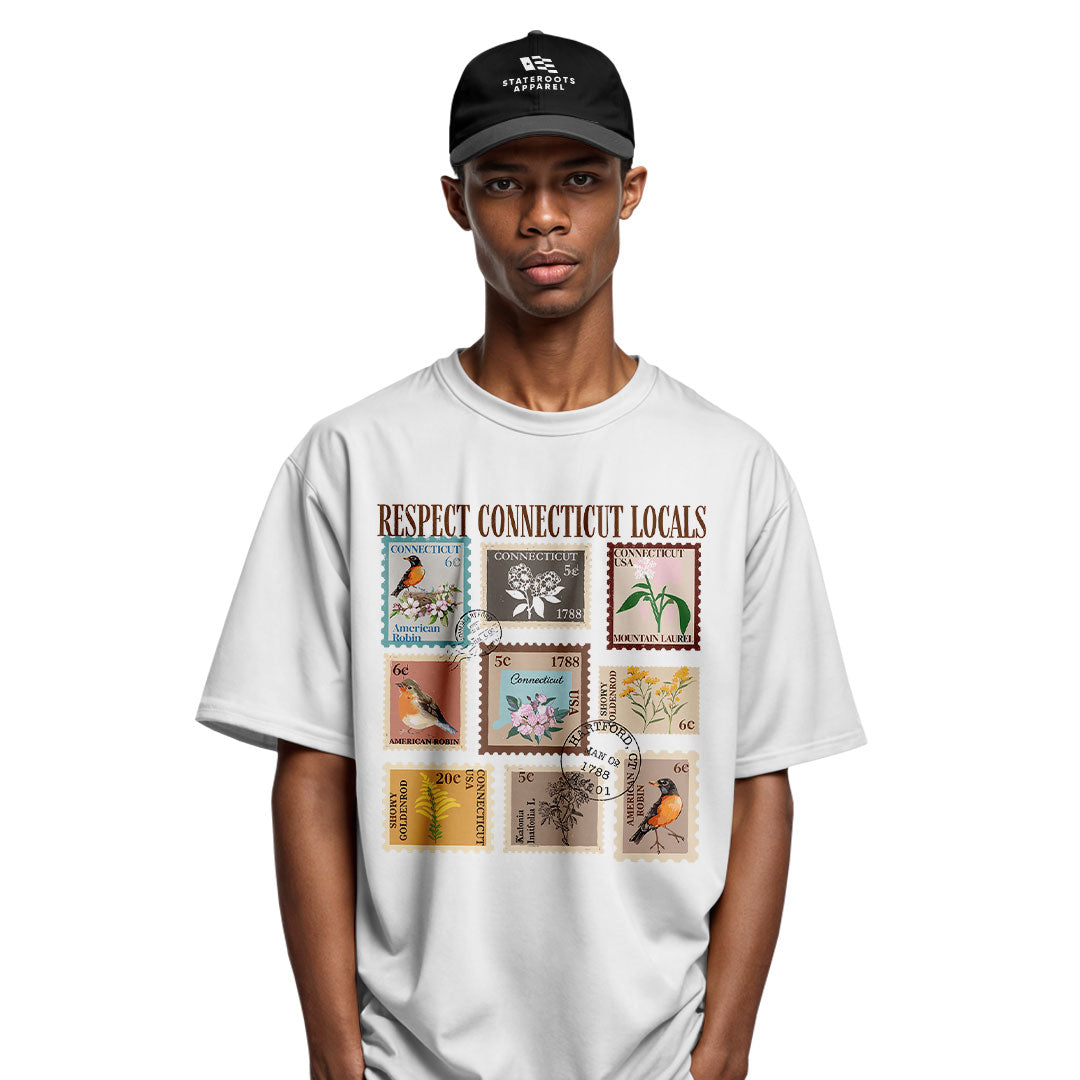Connecticut Locals T-Shirt | Vintage Stamps Collage Tee - White
