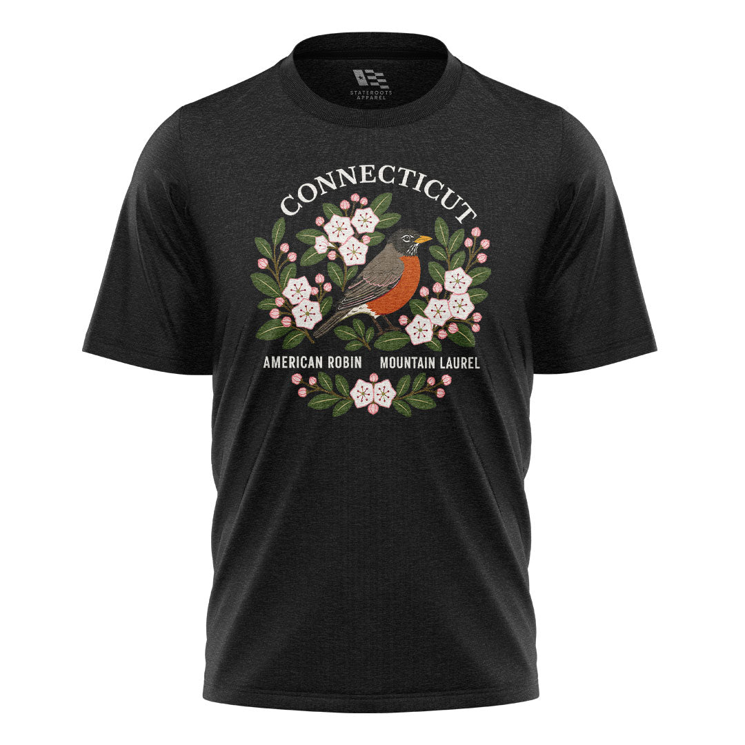 Connecticut Robin & Mountain Laurel T-Shirt | Vintage Tee - Black