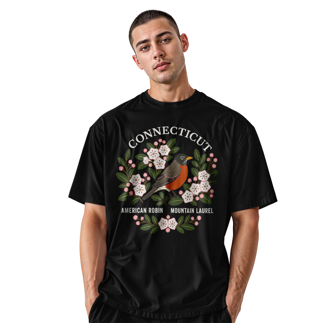 Connecticut Robin & Mountain Laurel T-Shirt | Vintage Tee - Black