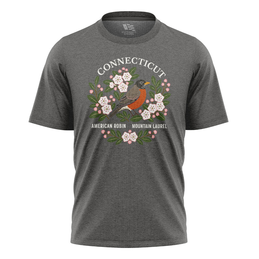 Connecticut Robin & Mountain Laurel T-Shirt | Vintage Tee - Charcoal