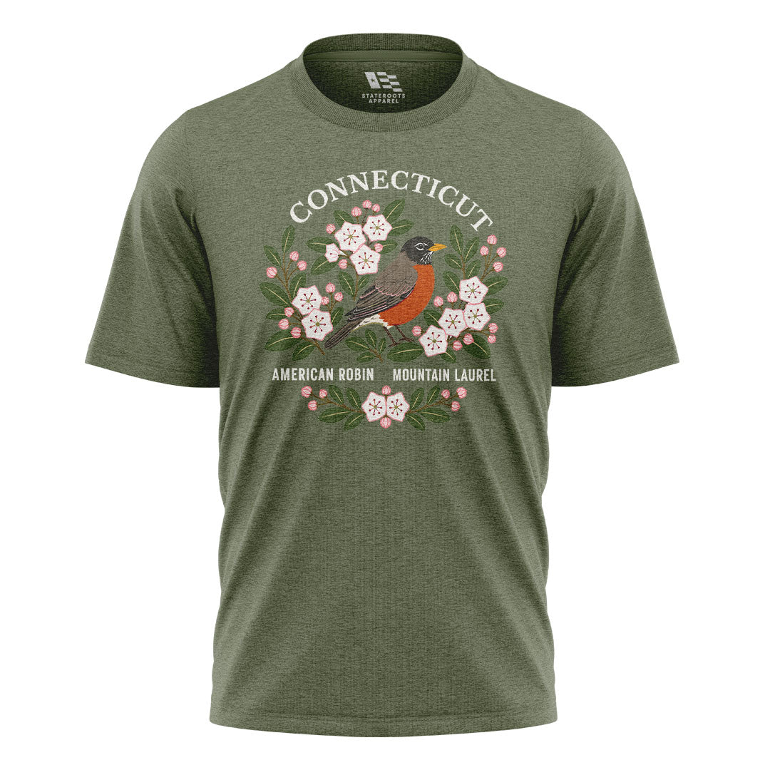 Connecticut Robin & Mountain Laurel T-Shirt | Vintage Tee - Military Green