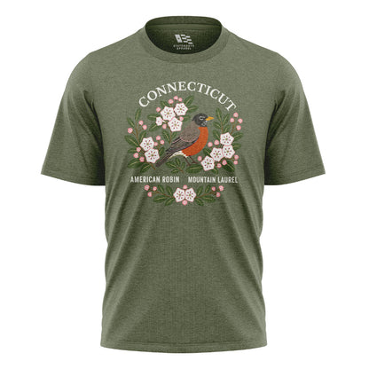 Connecticut Robin & Mountain Laurel T-Shirt | Vintage Tee - Military Green