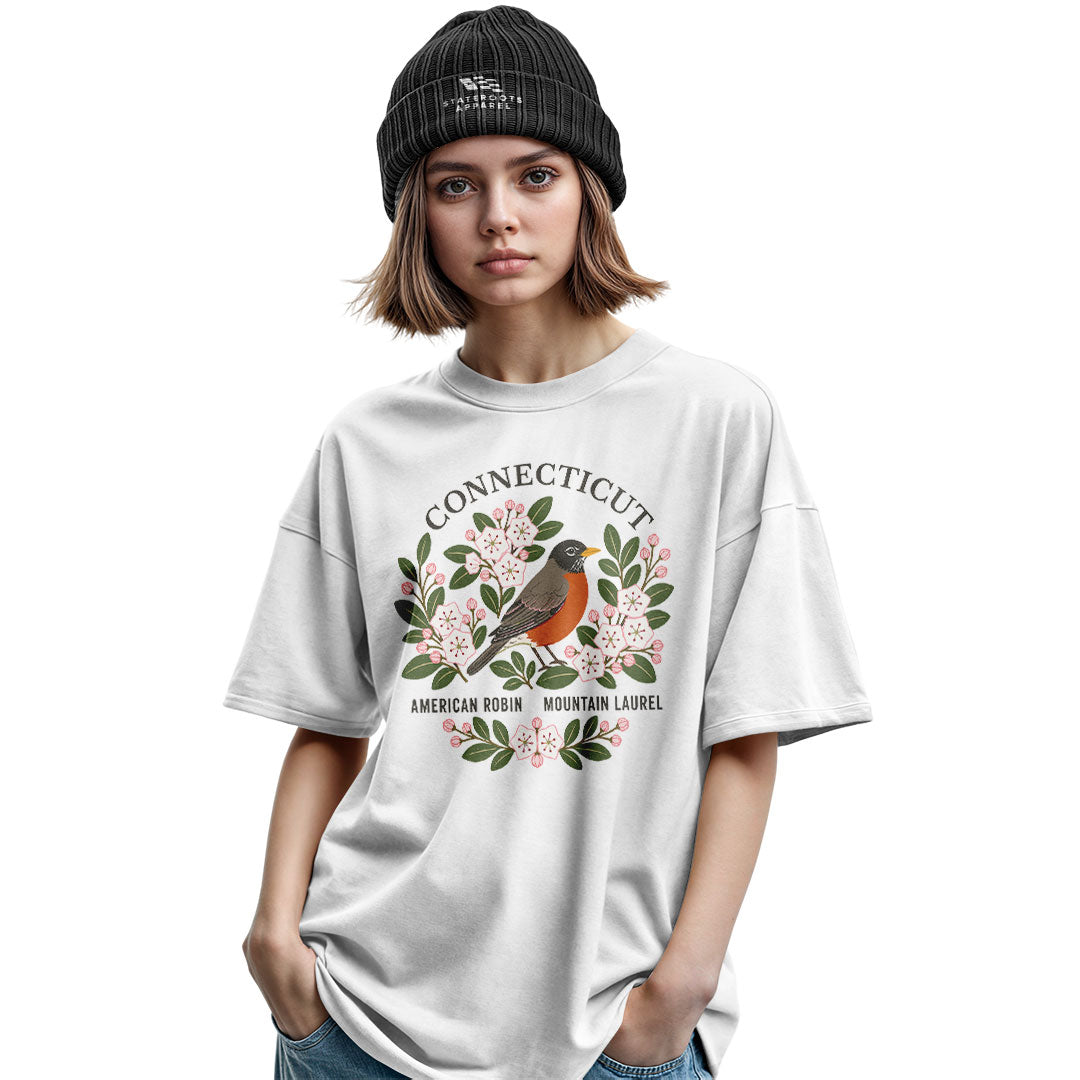 Connecticut Robin & Mountain Laurel T-Shirt | Vintage Tee - Military Green