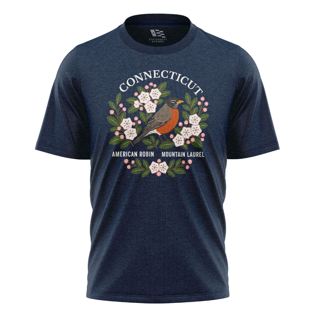 Connecticut Robin & Mountain Laurel T-Shirt | Vintage Tee - Navy