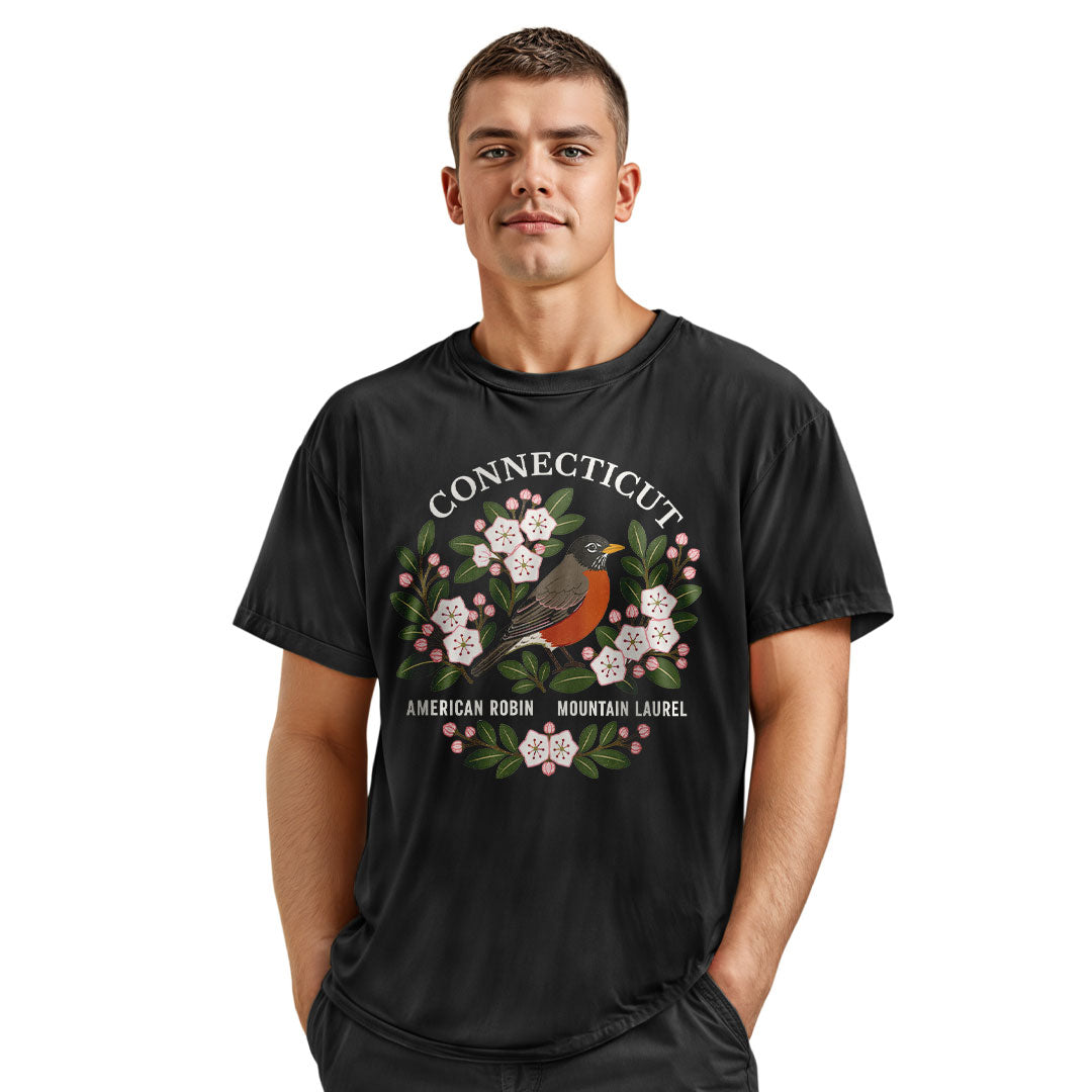 Connecticut Robin & Mountain Laurel T-Shirt | Vintage Tee - Navy