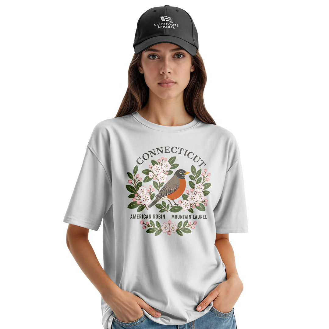 Connecticut Robin & Mountain Laurel T-Shirt | Vintage Tee - White