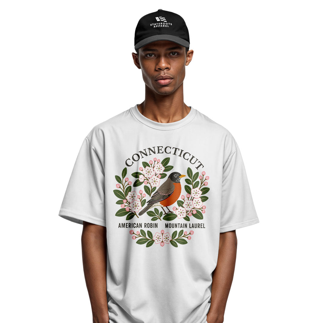 Connecticut Robin & Mountain Laurel T-Shirt | Vintage Tee - White
