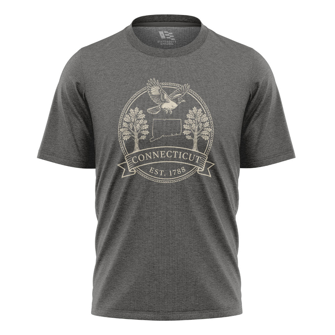 Connecticut Robin Badge T-Shirt | State Outline Crest Tee - Charcoal