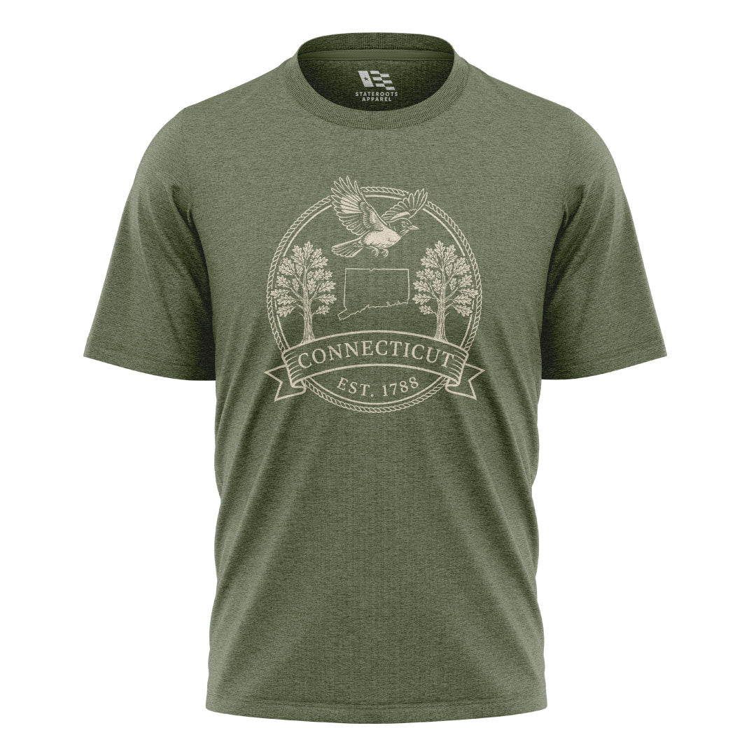 Connecticut Robin Badge T-Shirt | State Outline Crest Tee - Military Green
