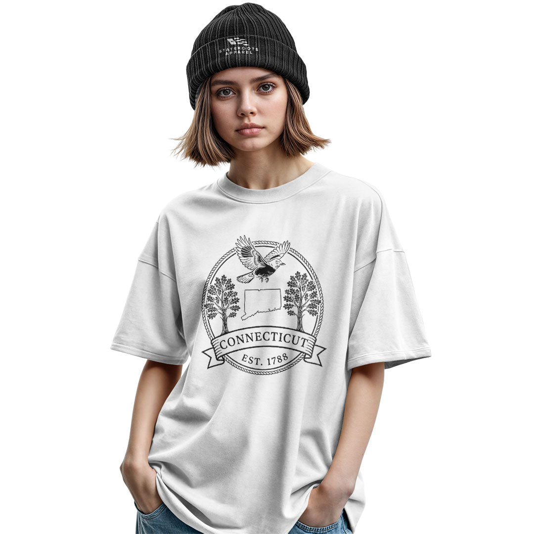 Connecticut Robin Badge T-Shirt | State Outline Crest Tee - Military Green