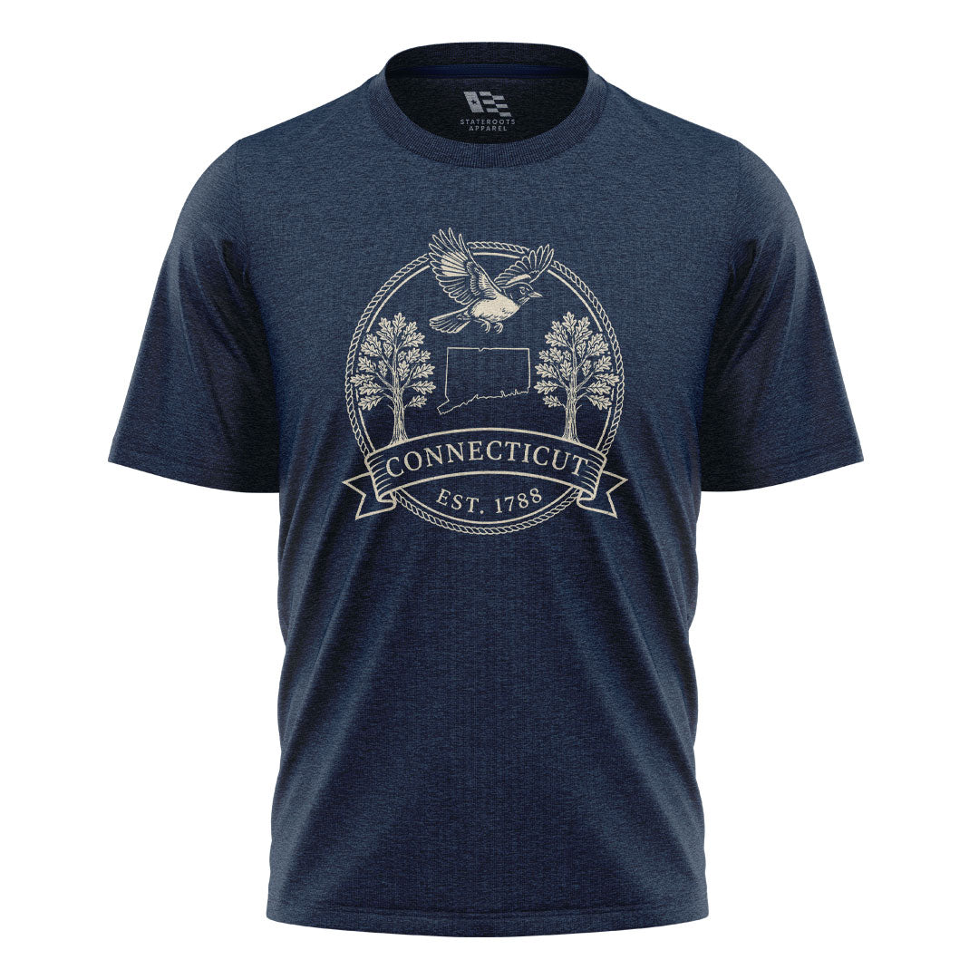 Connecticut Robin Badge T-Shirt | State Outline Crest Tee - Navy