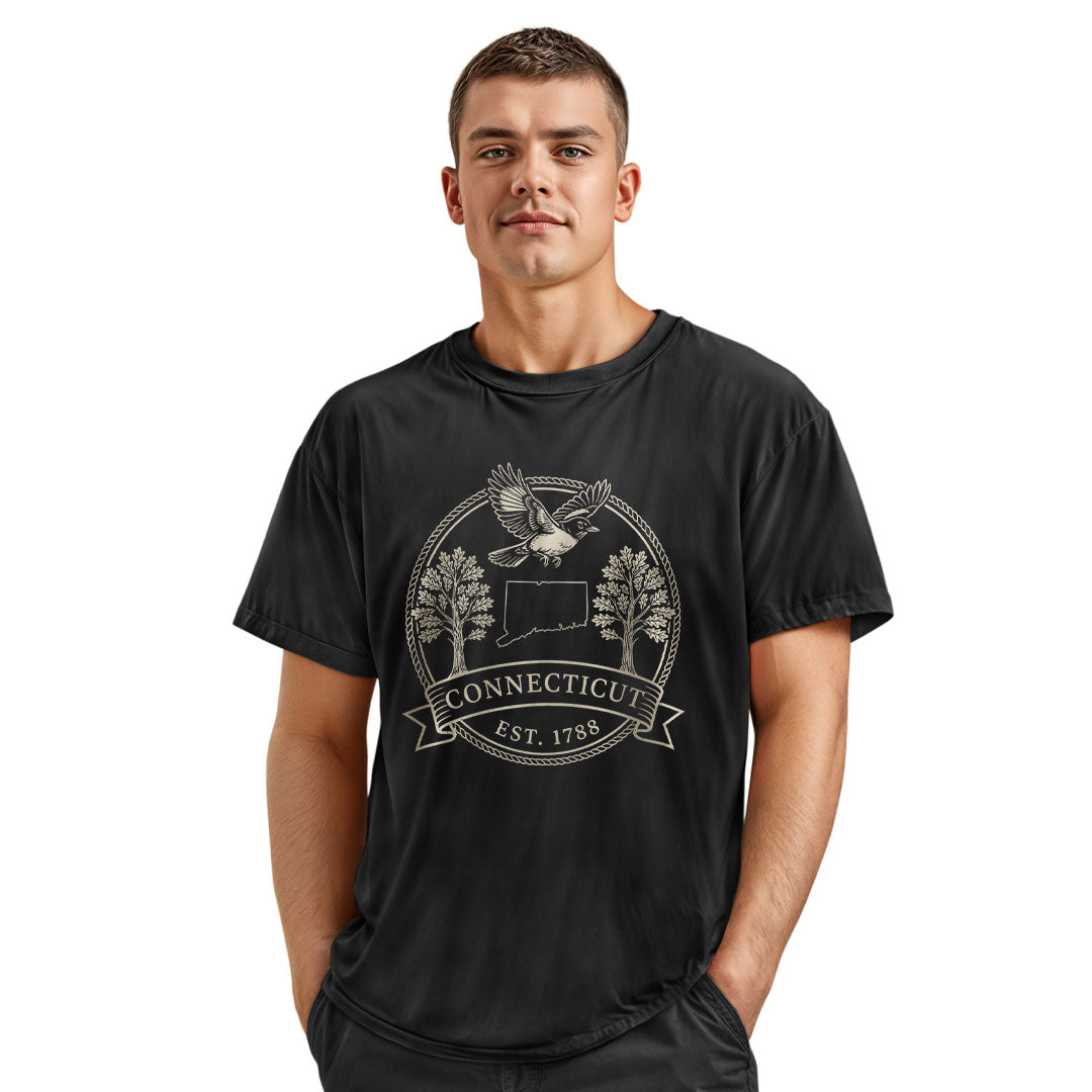 Connecticut Robin Badge T-Shirt | State Outline Crest Tee - Navy
