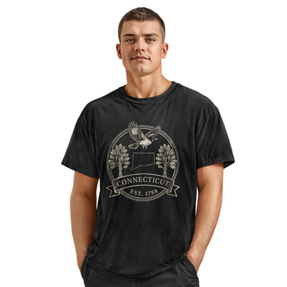 Connecticut Robin Badge T-Shirt | State Outline Crest Tee - Navy