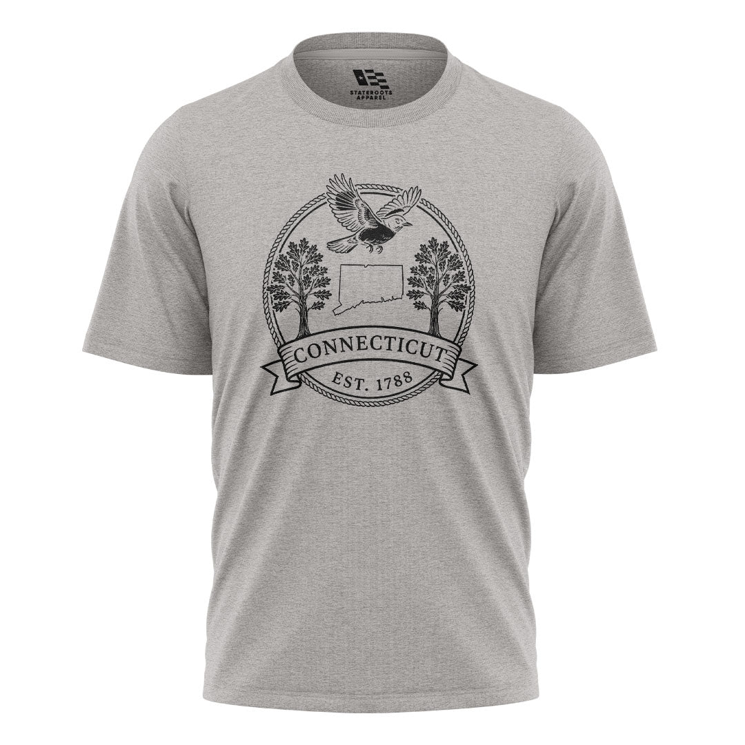 Connecticut Robin Badge T-Shirt | State Outline Crest Tee - Sport Grey