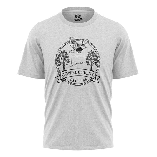 Connecticut Robin Badge T-Shirt | State Outline Crest Tee - White