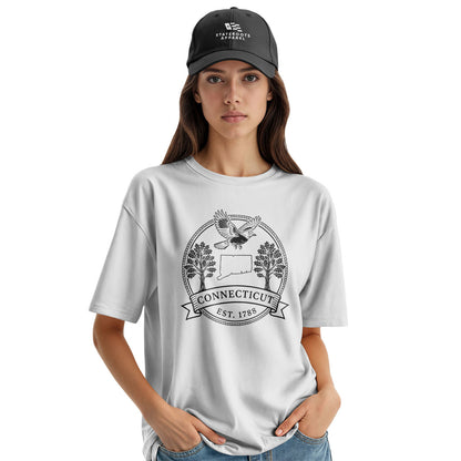 Connecticut Robin Badge T-Shirt | State Outline Crest Tee - White