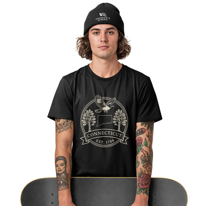 Connecticut Robin Badge T-Shirt | State Outline Crest Tee - White