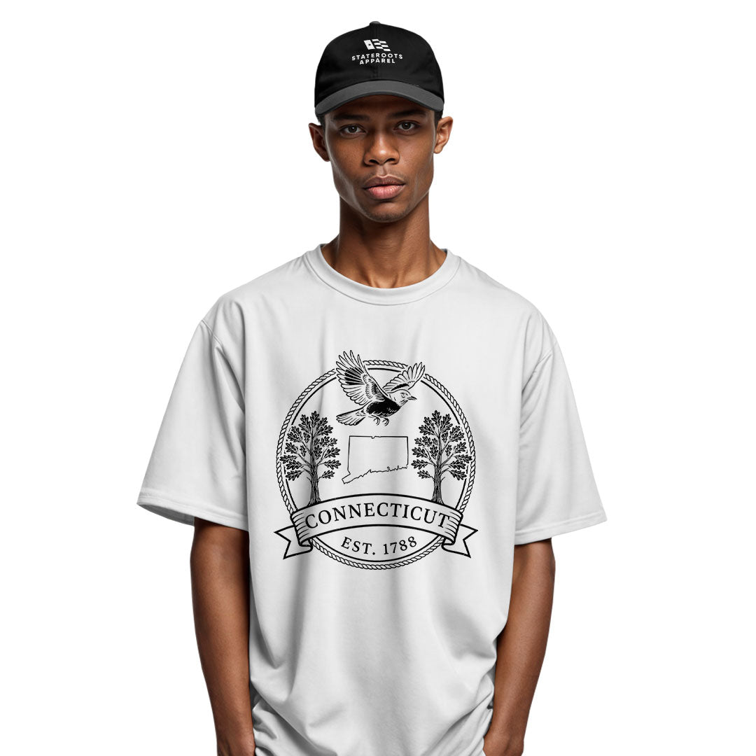 Connecticut Robin Badge T-Shirt | State Outline Crest Tee - White