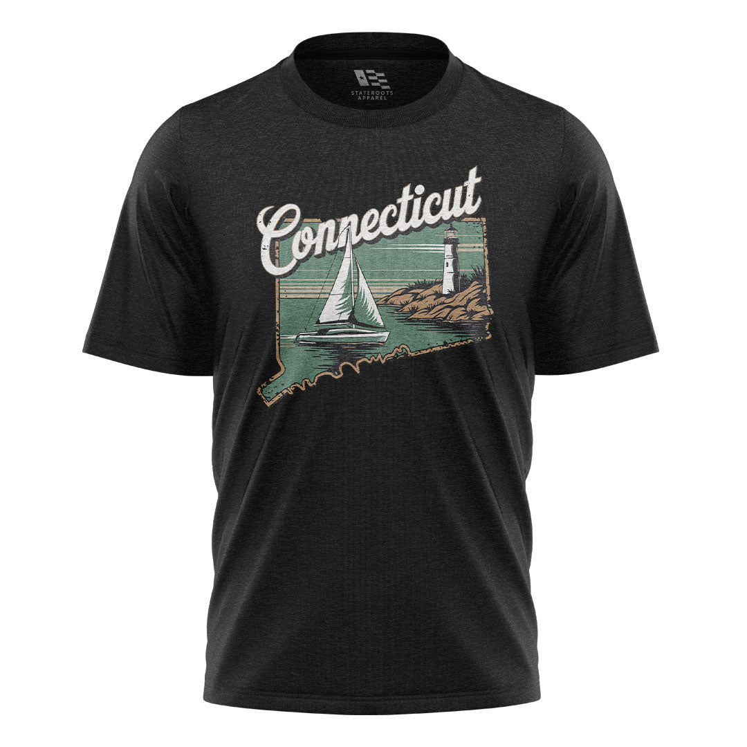 Connecticut Sailboat Lighthouse T-Shirt | Cursive Coast Tee - Black