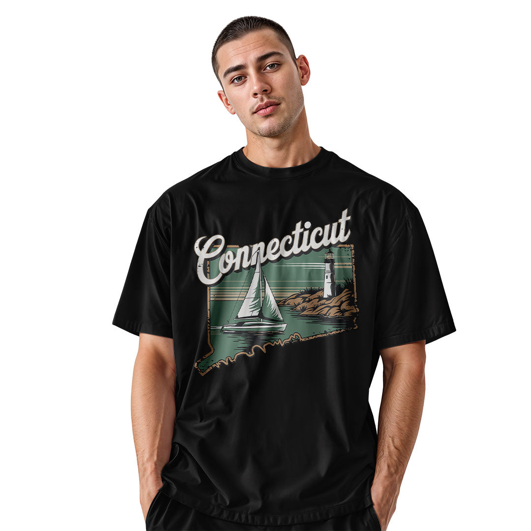 Connecticut Sailboat Lighthouse T-Shirt | Cursive Coast Tee - Black