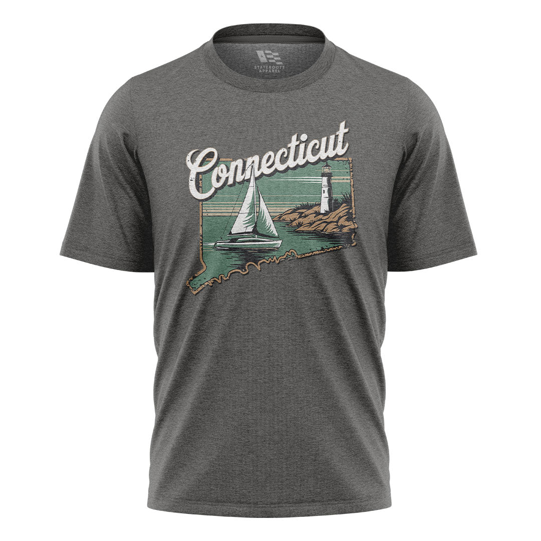 Connecticut Sailboat Lighthouse T-Shirt | Cursive Coast Tee - Charcoal