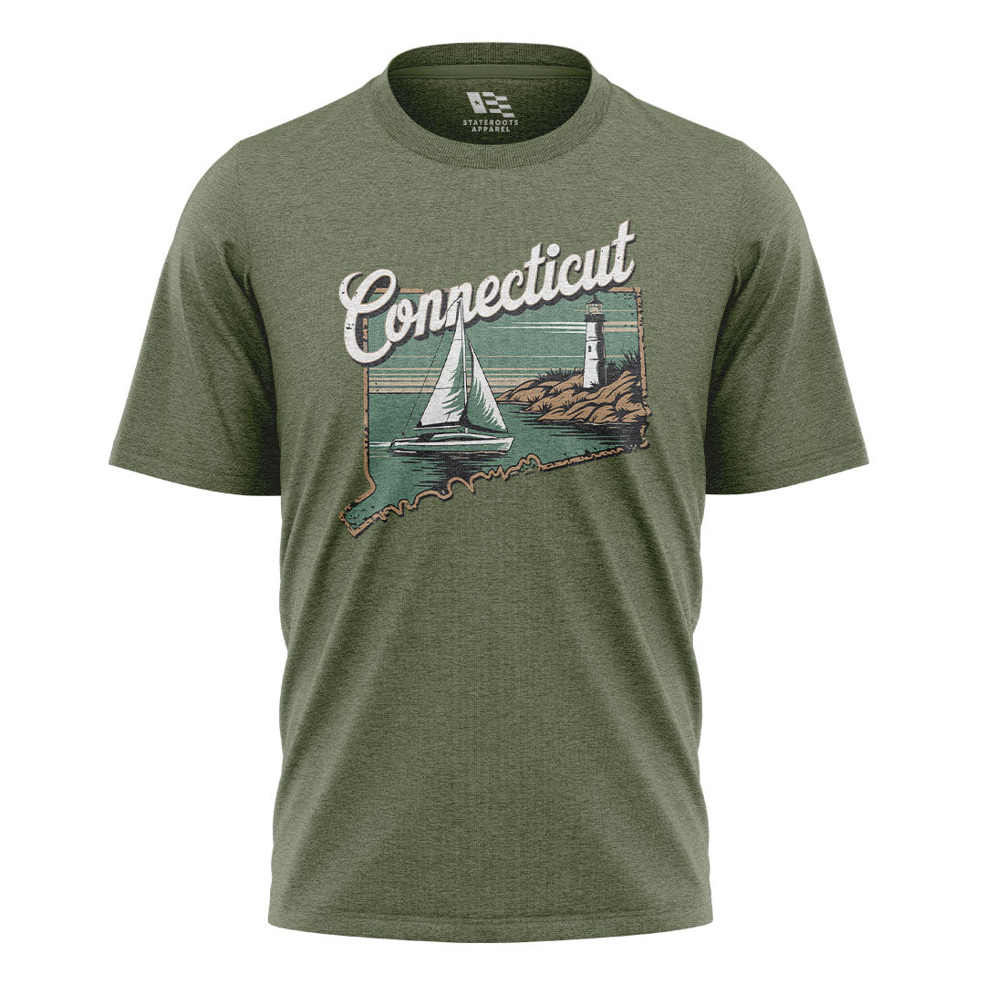 Connecticut Sailboat Lighthouse T-Shirt | Cursive Coast Tee - Military Green
