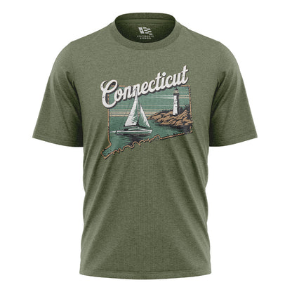 Connecticut Sailboat Lighthouse T-Shirt | Cursive Coast Tee - Military Green
