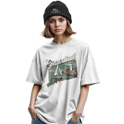Connecticut Sailboat Lighthouse T-Shirt | Cursive Coast Tee - Military Green