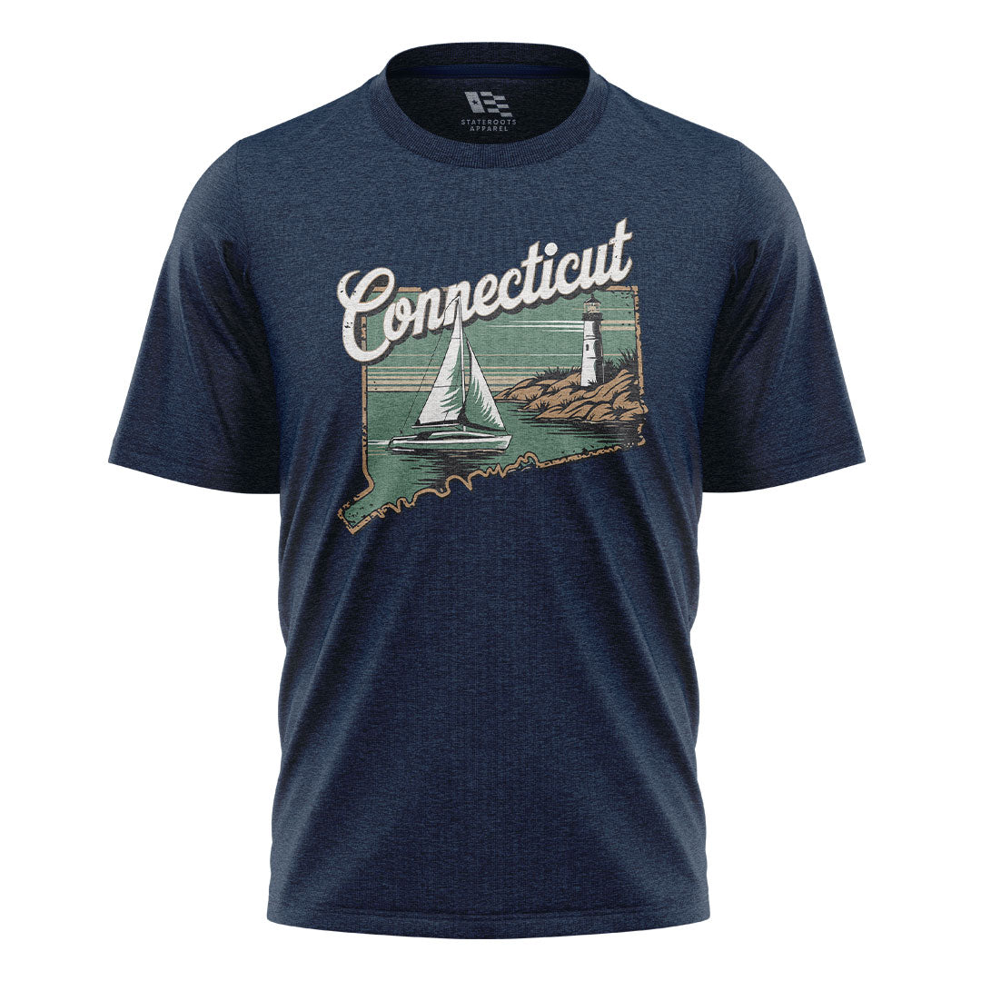 Connecticut Sailboat Lighthouse T-Shirt | Cursive Coast Tee - Navy