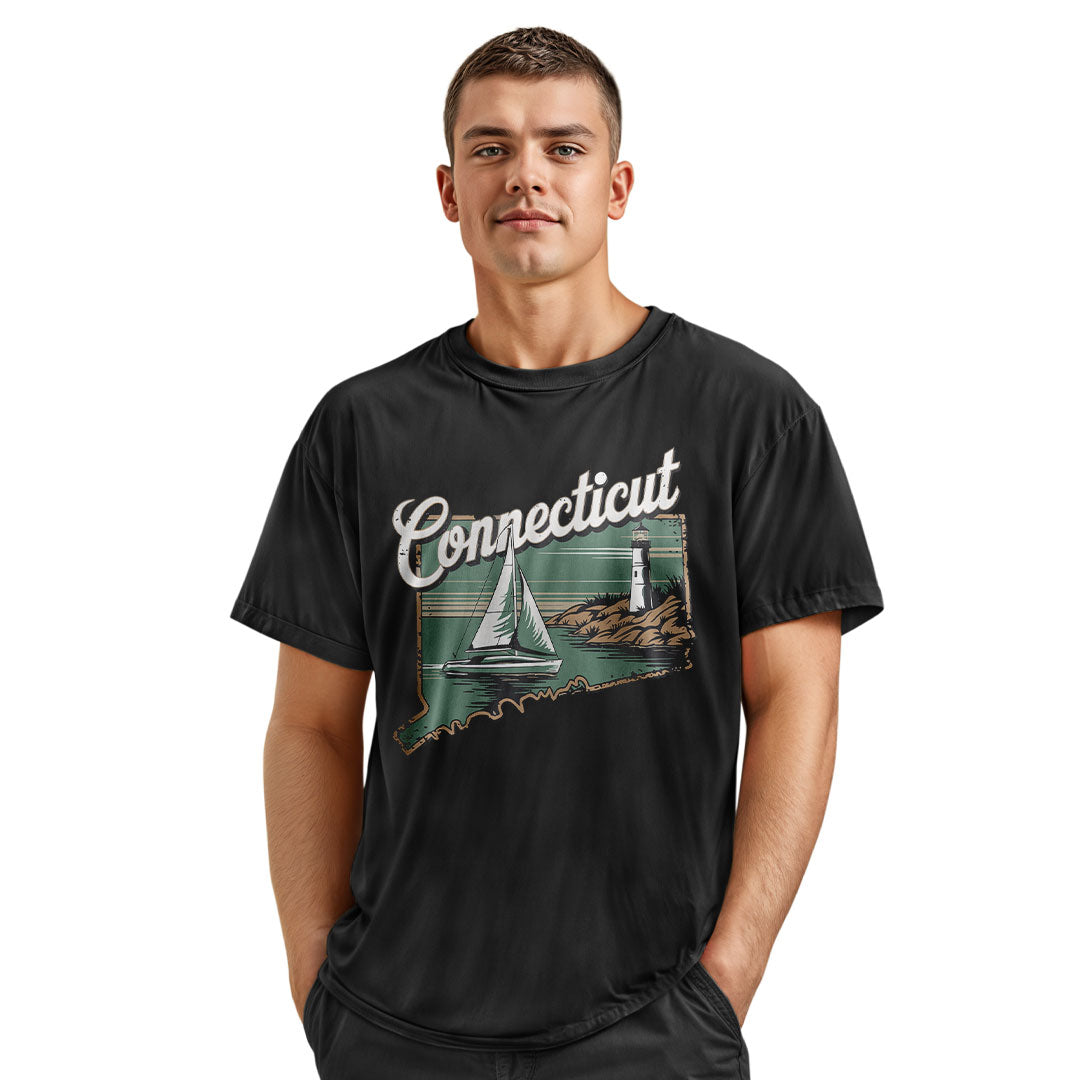 Connecticut Sailboat Lighthouse T-Shirt | Cursive Coast Tee - Navy