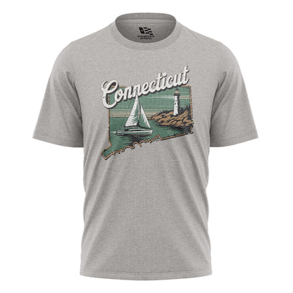 Connecticut Sailboat Lighthouse T-Shirt | Cursive Coast Tee - Sport Grey