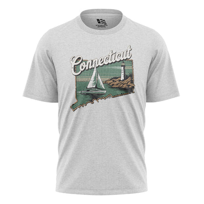 Connecticut Sailboat Lighthouse T-Shirt | Cursive Coast Tee - White