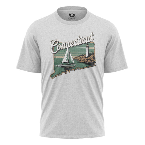 Connecticut Sailboat Lighthouse T-Shirt | Cursive Coast Tee - White