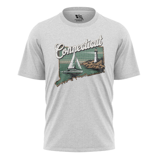 Connecticut Sailboat Lighthouse T-Shirt | Cursive Coast Tee - White