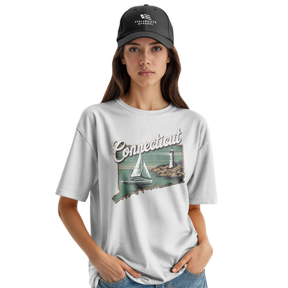Connecticut Sailboat Lighthouse T-Shirt | Cursive Coast Tee - White